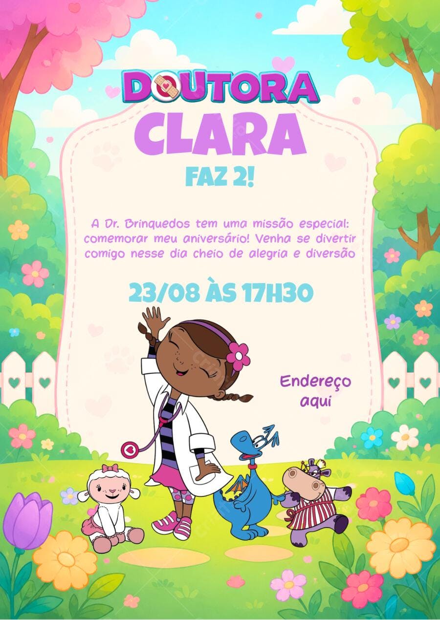 Convite aniversário infantil Doutora brinquedos 2 anos
