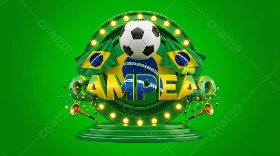 Arte 3D Campeão Futebol Brasil Bandeiras e Bola Verde
