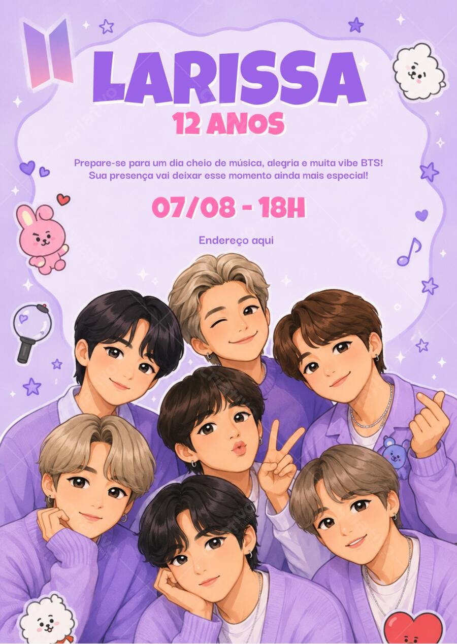 Convite Aniversário BTS 12 Anos Roxo Editável