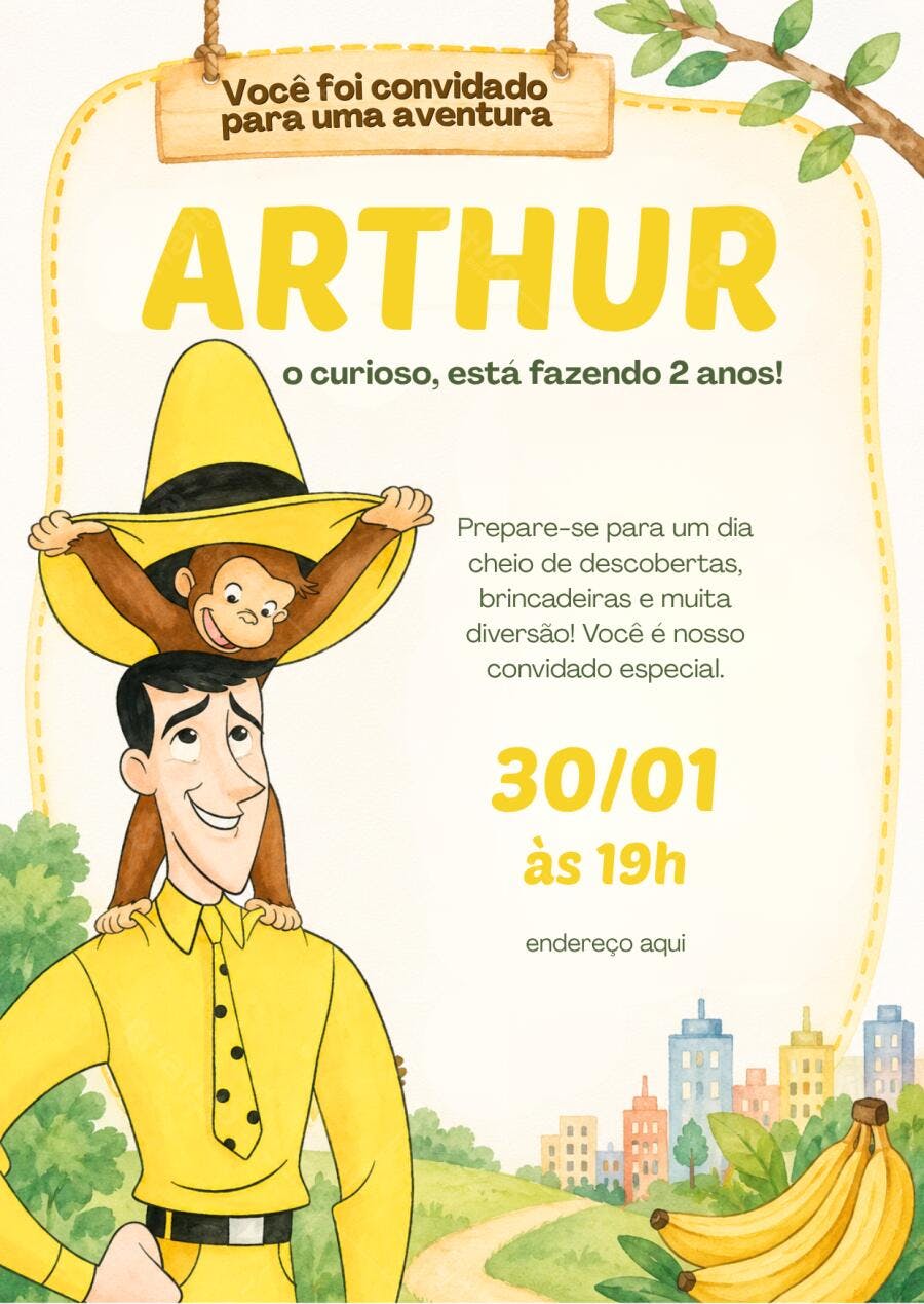 Convite Aniversário George o Curioso 2 Anos Editável