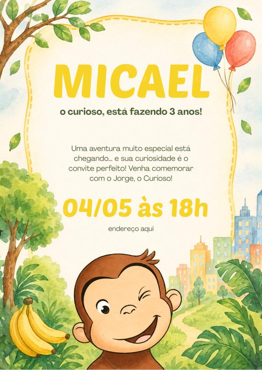 Convite Aniversário George o Curioso 3 Anos Editável