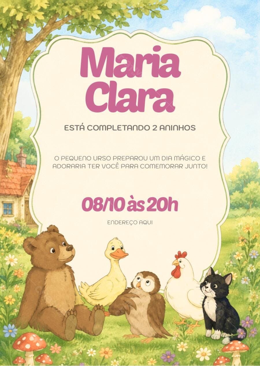 Convite Aniversário Infantil Fazendinha Animais 2 Anos Editável