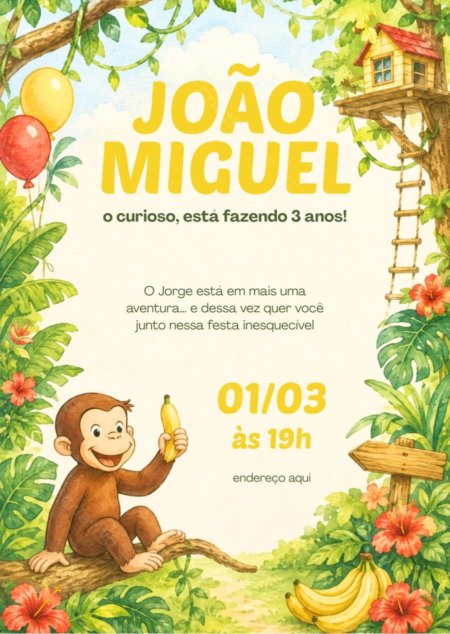 Convite Aniversário Infantil George o Curioso 3 Anos Editável
