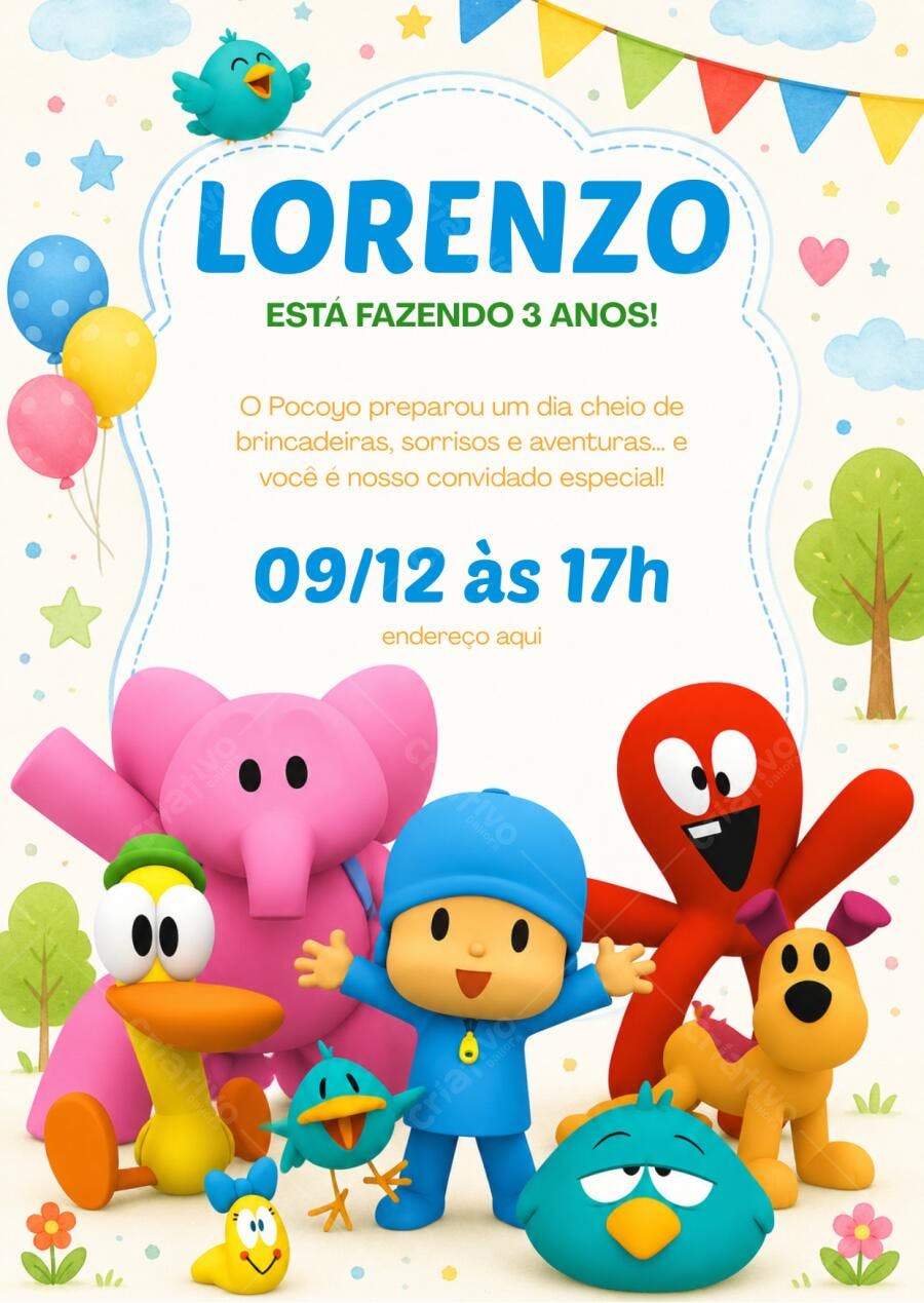 Convite Aniversário Infantil Pocoyo 3 Anos Editável