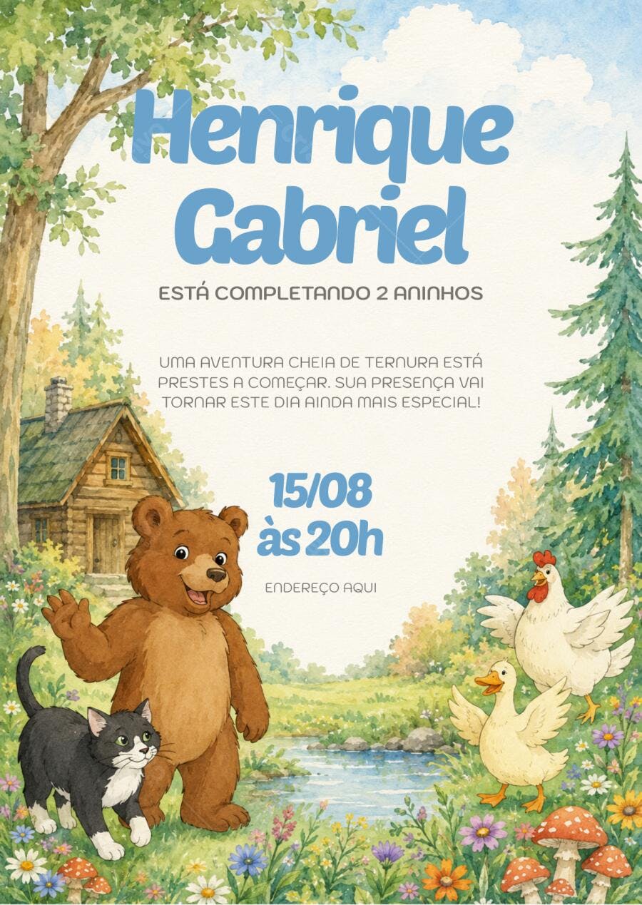 Convite Aniversário Infantil Urso Floresta 2 Anos Editável