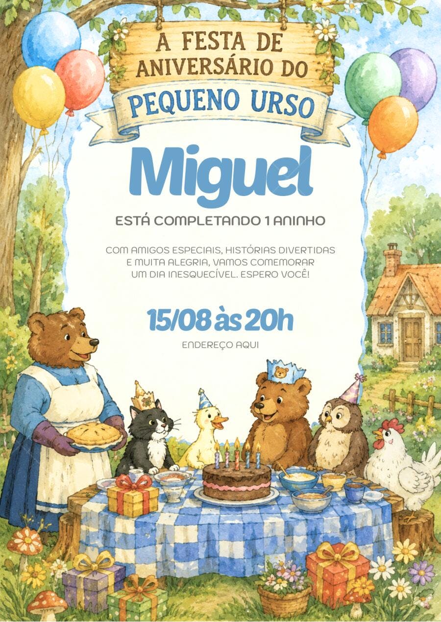 Convite Aniversário Pequeno Urso 1 Aninho Editável