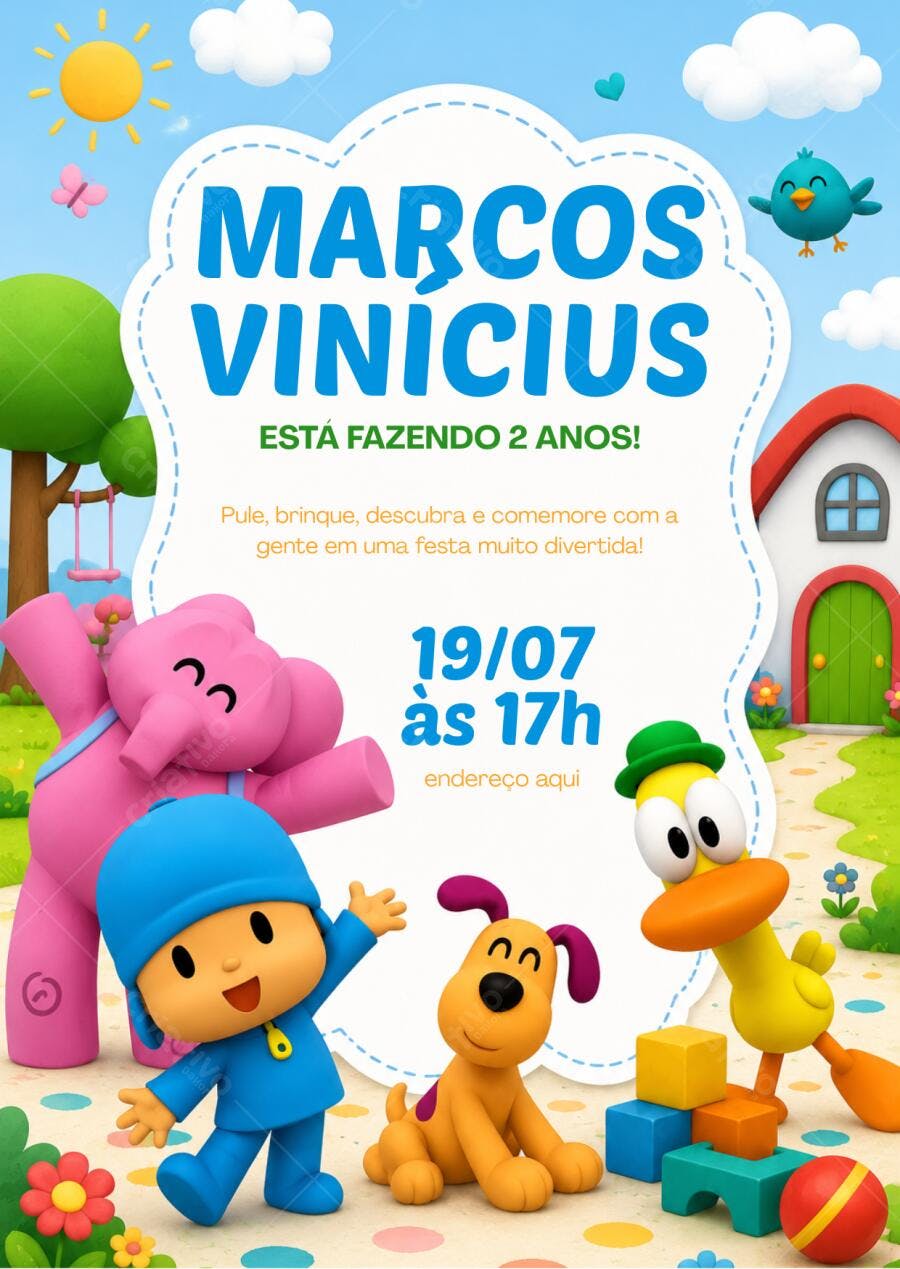 Convite Aniversário Pocoyo 2 Anos Editável Digital