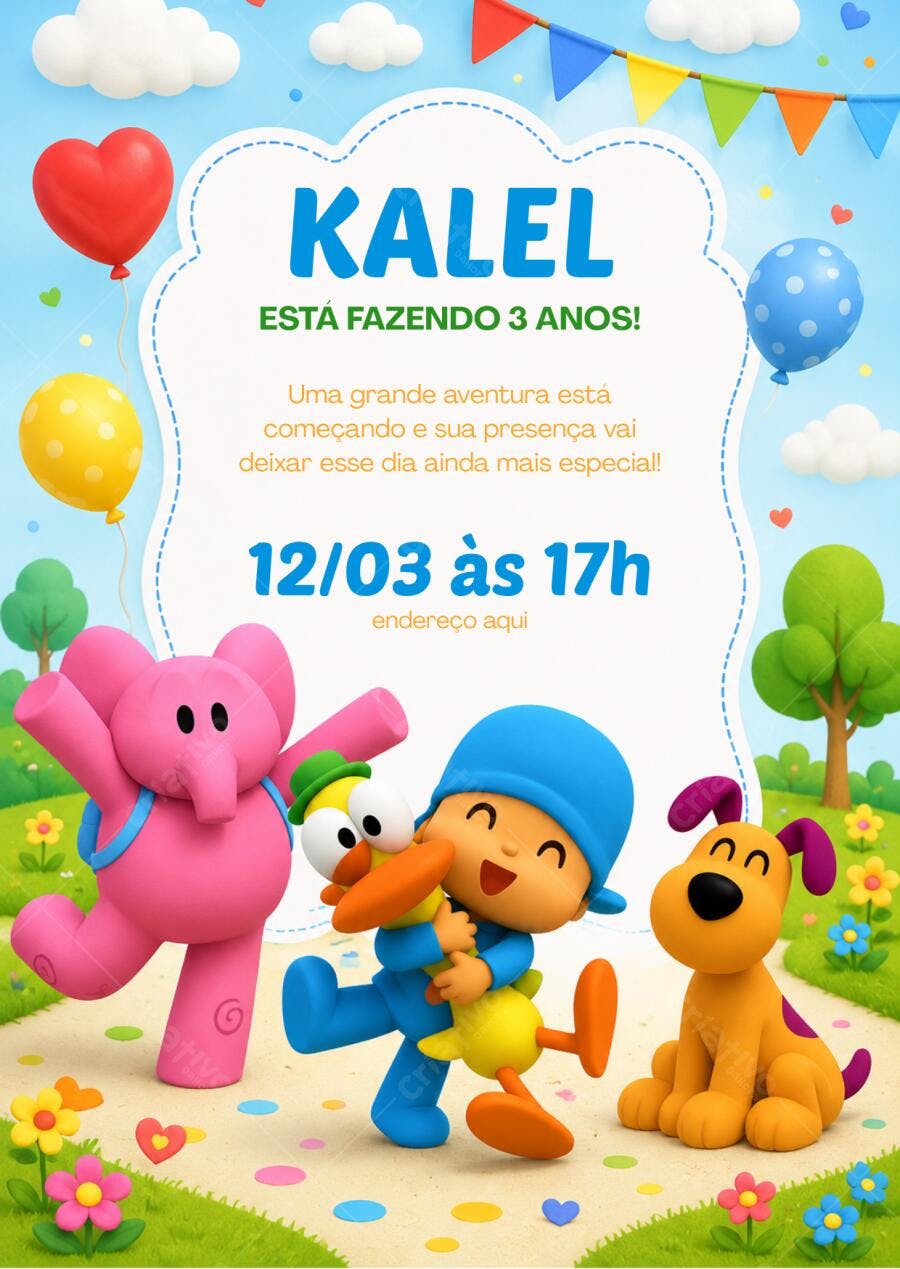 Convite Aniversário Pocoyo 3 Anos Editável Digital