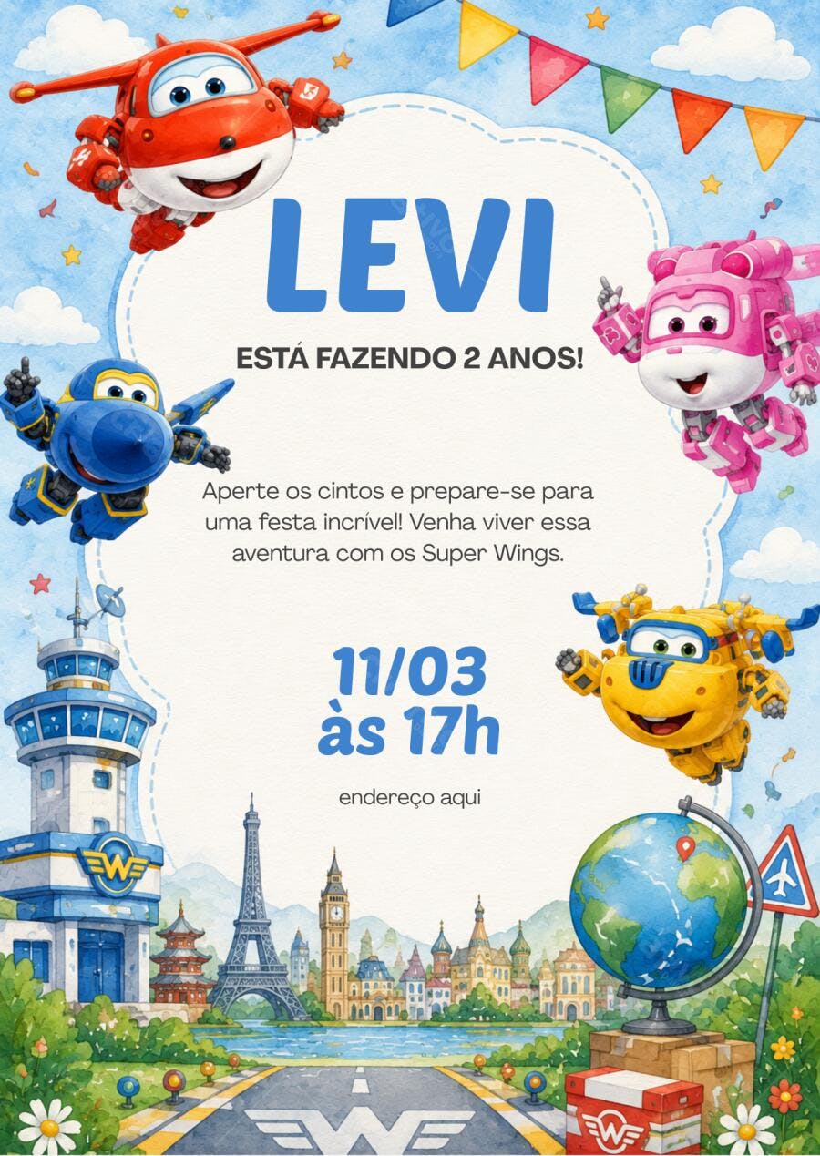 Convite Aniversário Super Wings 2 Anos Editável