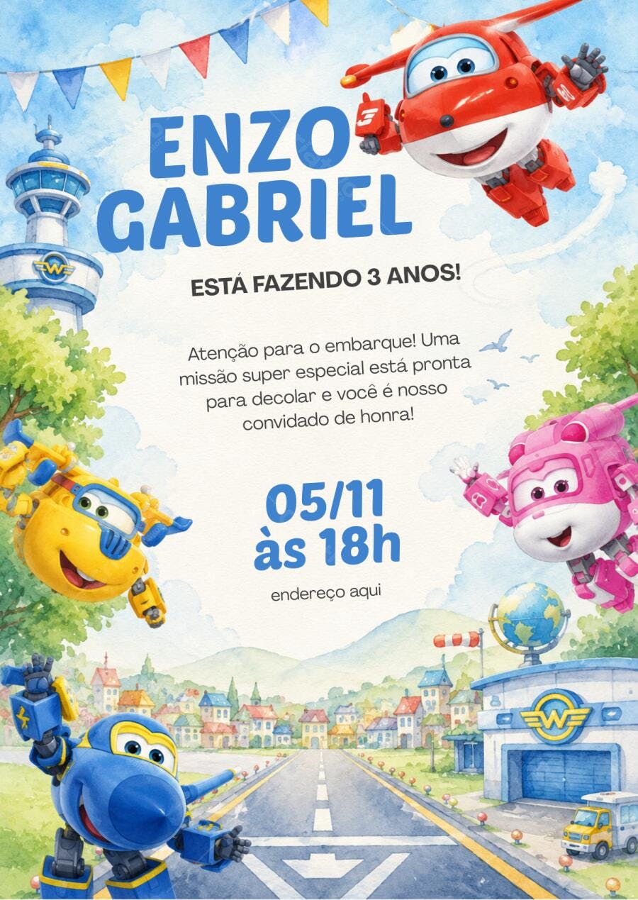 Convite Aniversário Super Wings 3 Anos Editável