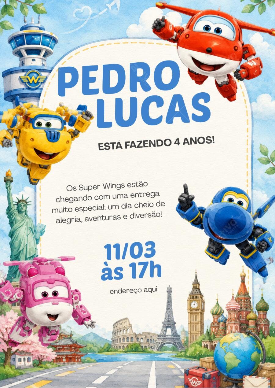 Convite Aniversário Super Wings 4 Anos Editável