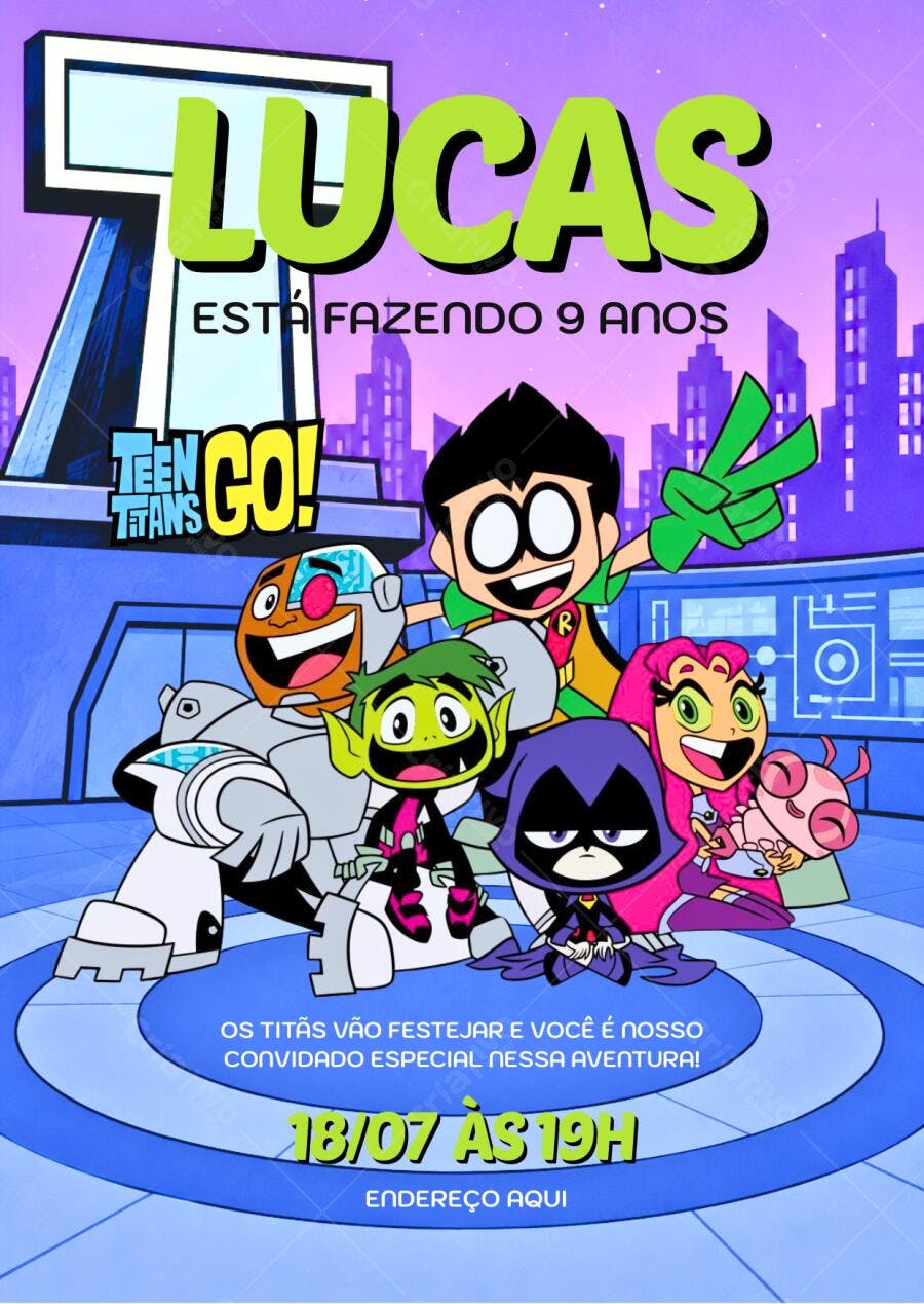 Convite Aniversário Teen Titans Go 9 Anos Editável