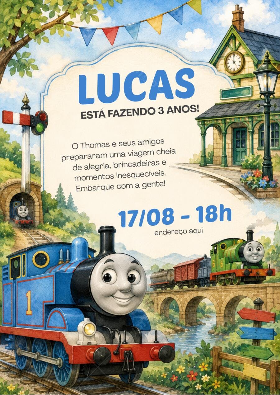 Convite Aniversário Thomas e Seus Amigos 3 Anos Editável