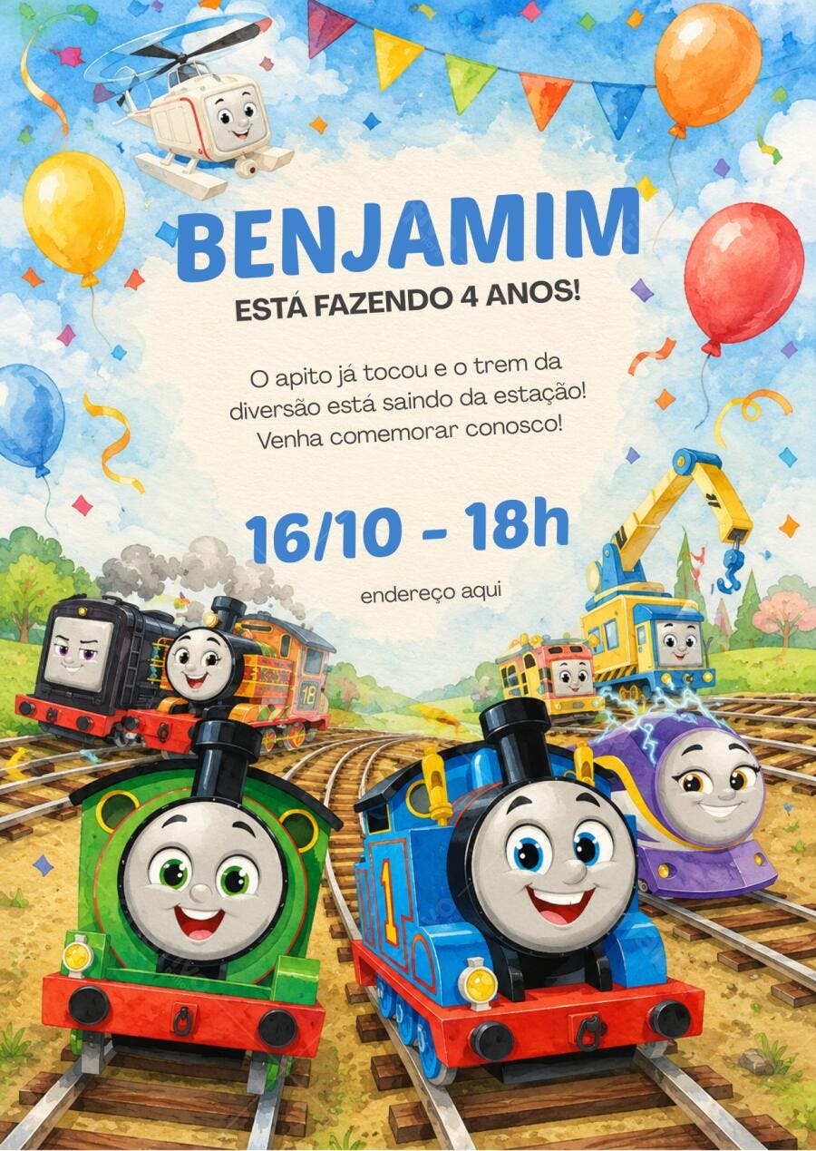 Convite Aniversário Thomas e Seus Amigos 4 Anos Editável