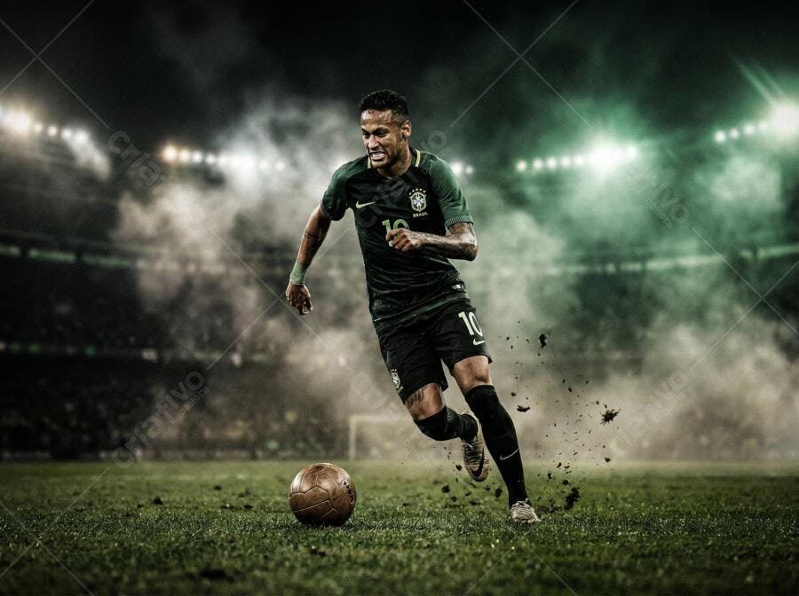 Foto Jogador Futebol Brasileiro Correndo Campo Estádio Noite
