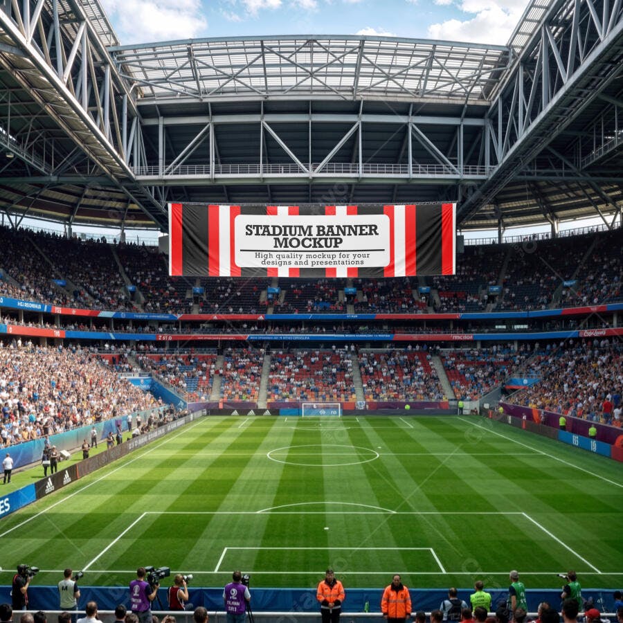 Mockup Banner Estádio Futebol Aéreo Editável