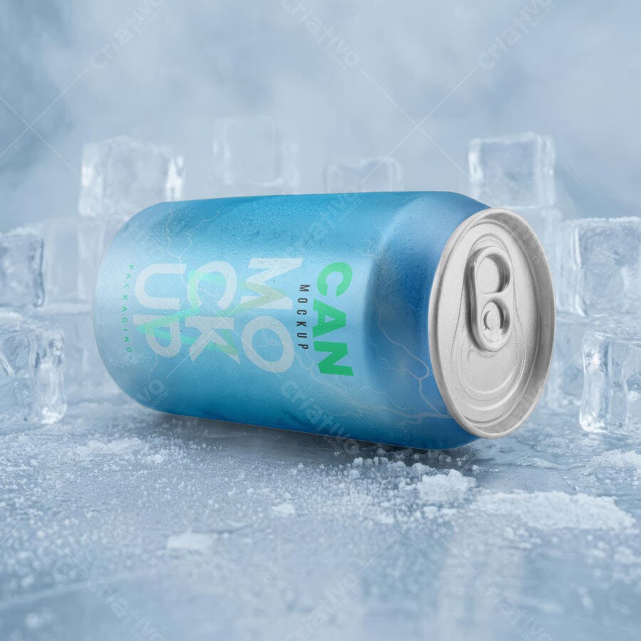 Mockup Lata de Alumínio Refrigerante Deitada com Gelo Editável