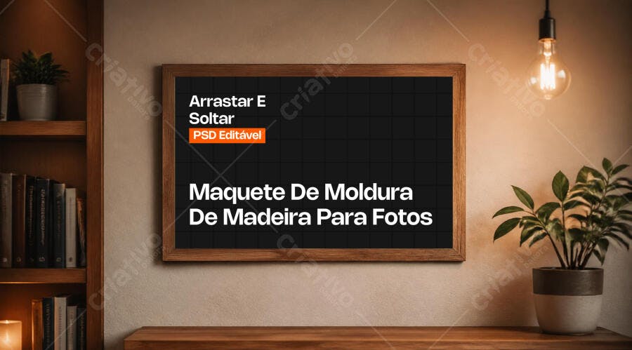 Mockup Moldura Madeira Retangular Parede Editável