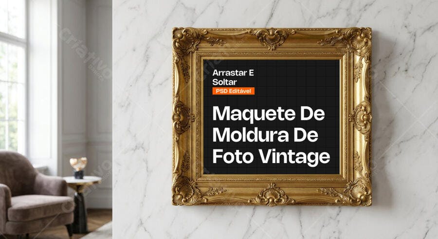 Mockup Moldura Vintage Dourada Parede Mármore Editável