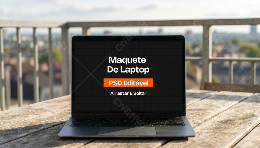 Mockup Notebook Cinza Mesa Madeira Vista Externa Editável