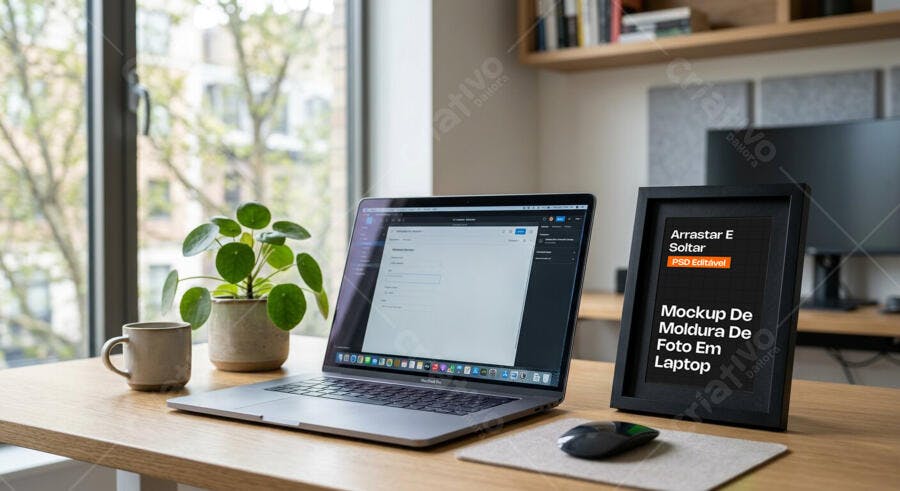 Mockup Notebook e Moldura de Foto em Mesa de Escritório Editável