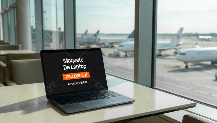Mockup Notebook Lifestyle Aeroporto Janela Editável