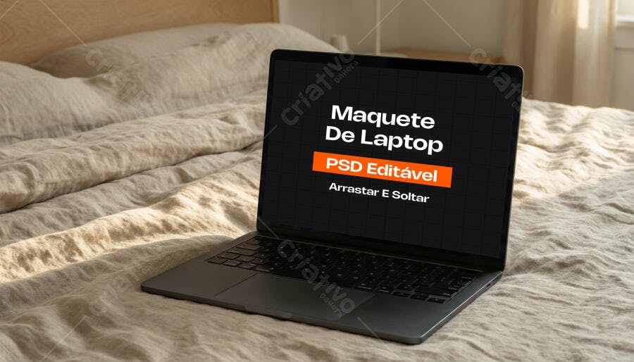 Mockup Notebook Lifestyle Cama Quarto Editável