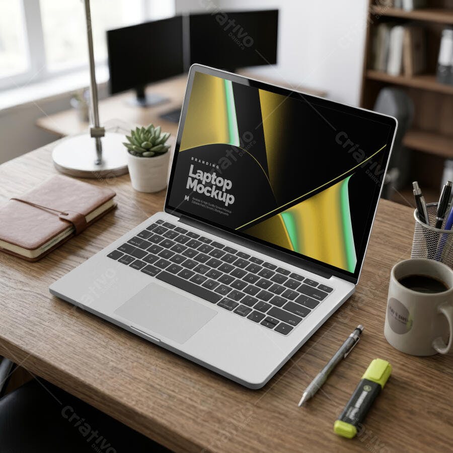 Mockup Notebook MacBook Pro Mesa Madeira Escritório Editável
