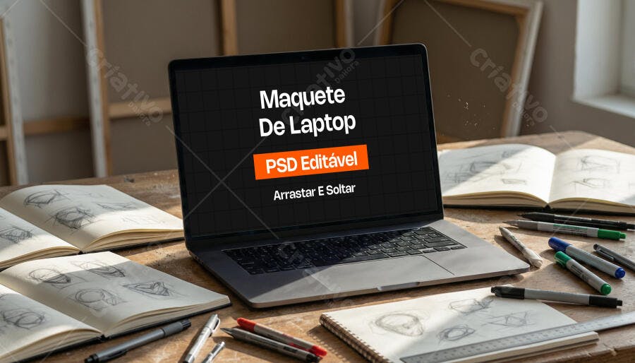 Mockup Notebook MacBook Pro Mesa Madeira Estúdio Editável