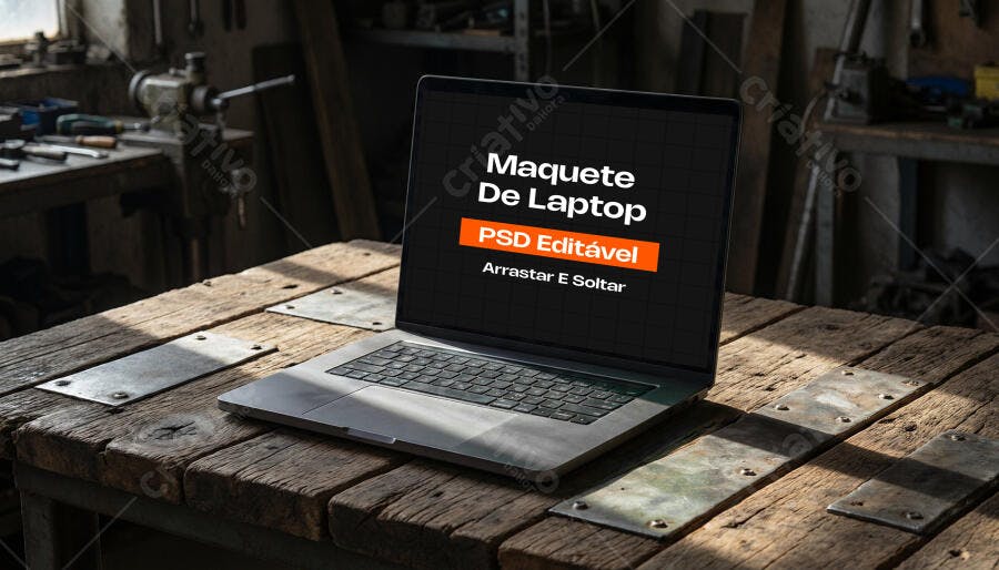Mockup Notebook MacBook Pro Mesa Madeira Oficina Editável