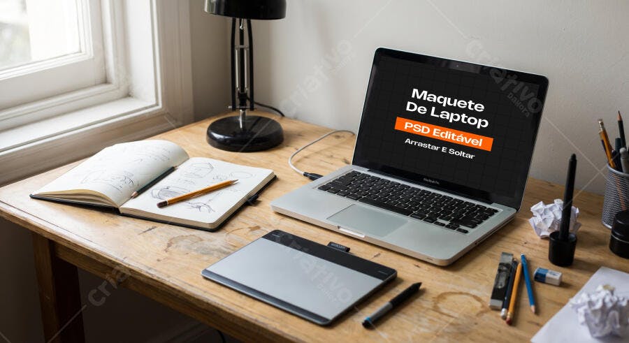 Mockup Notebook Realista Mesa Madeira Cenário Escritório Editável