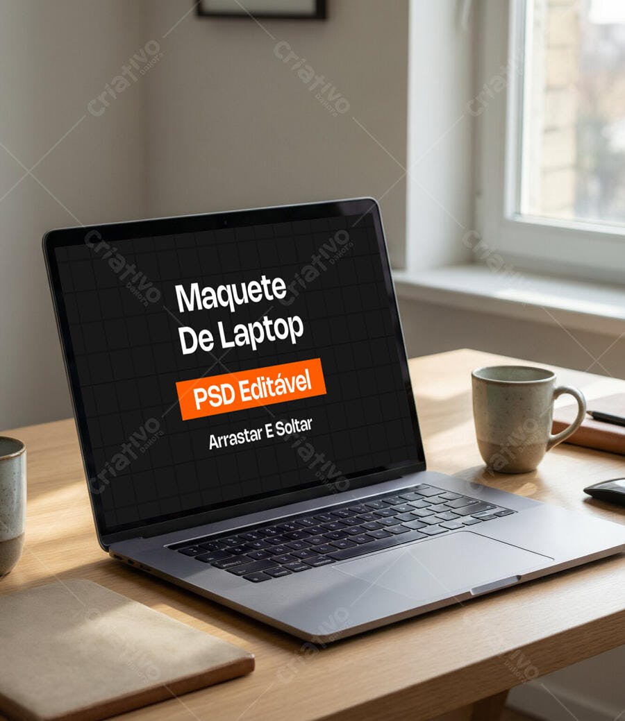 Mockup Notebook Realista Mesa Madeira Cenário Lifestyle Editável