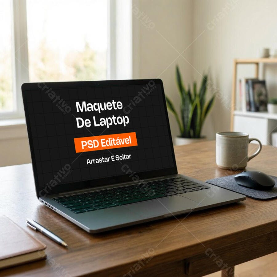 Mockup Notebook Realista Mesa Madeira Fundo Janela Editável