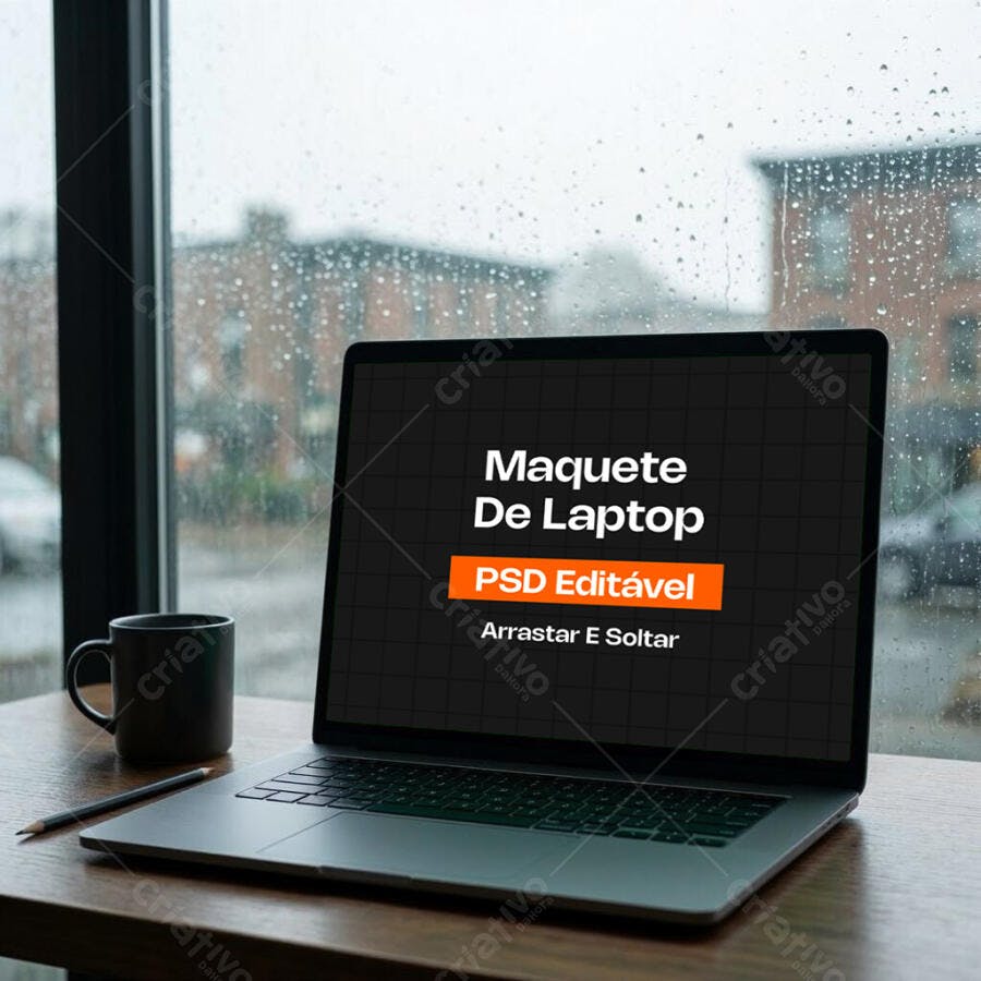 Mockup Notebook Realista Mesa Madeira Janela Chuva Editável