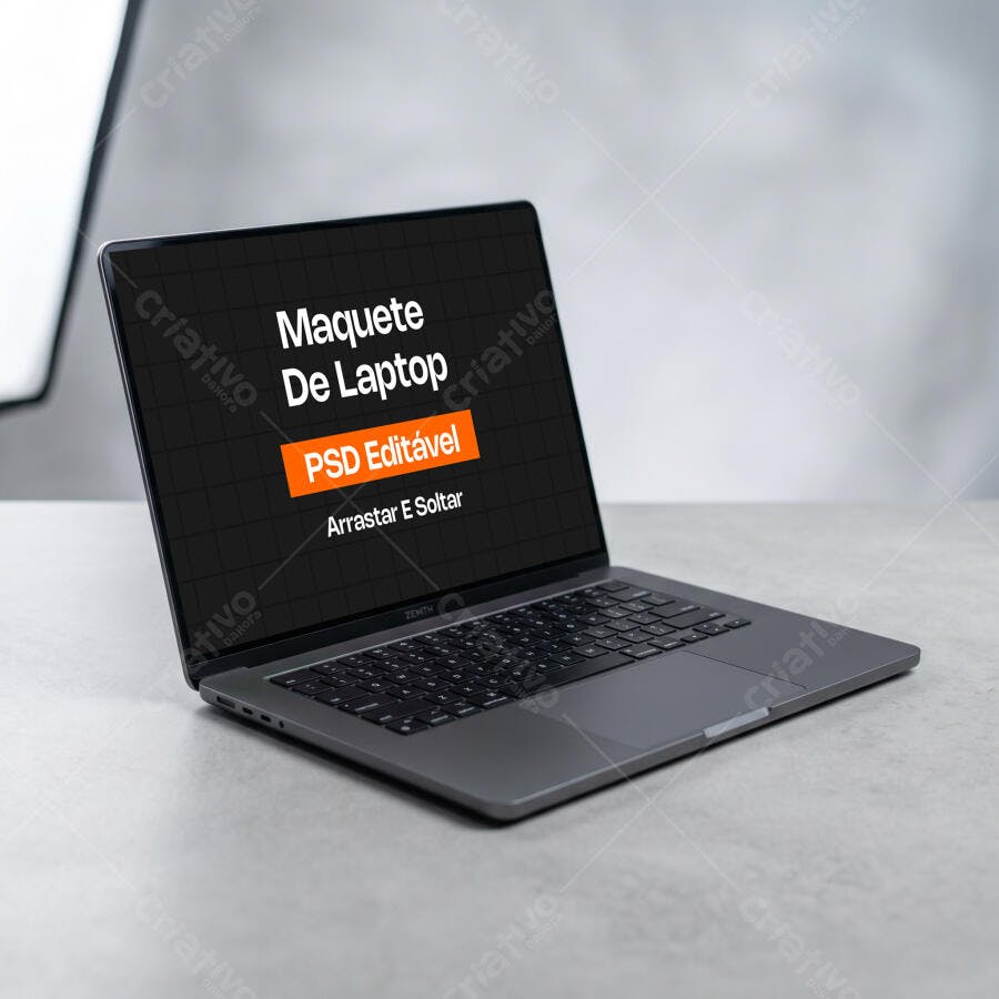Mockup Notebook Realista Tela Aberta Fundo Cinza Editável