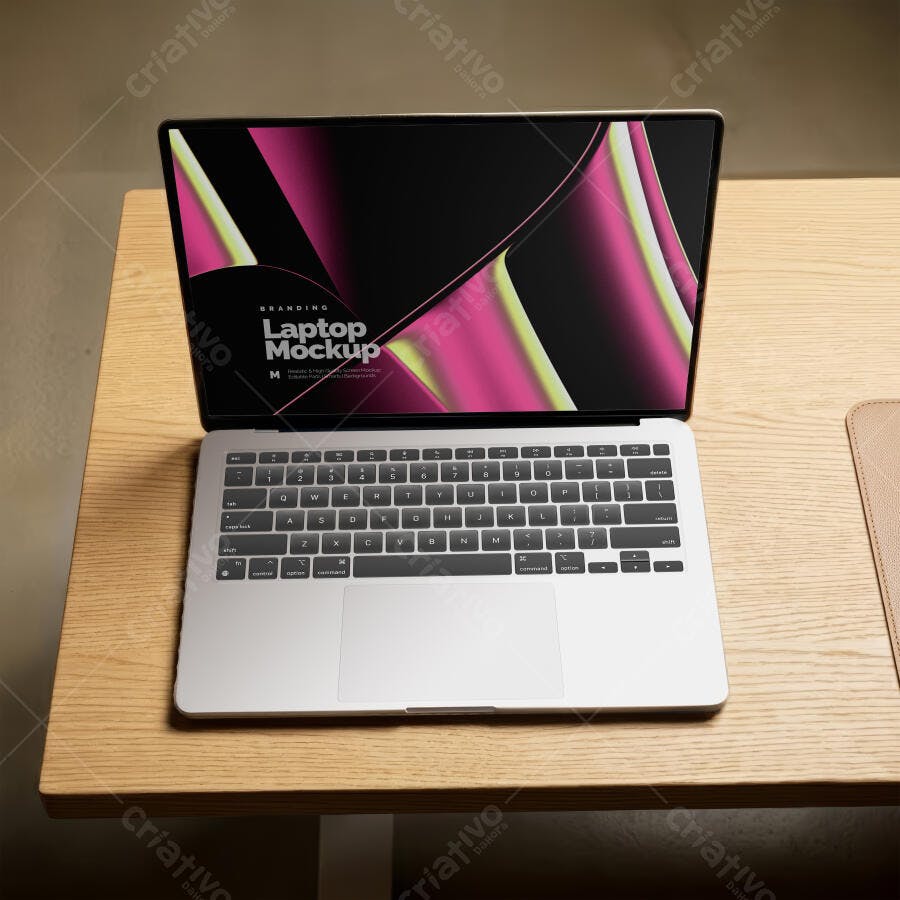 Mockup Notebook Vista Superior Mesa Madeira Editável