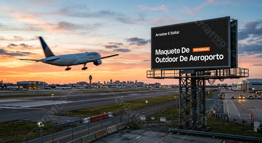 Mockup Outdoor Aeroporto Pista Avião Pôr do Sol Editável