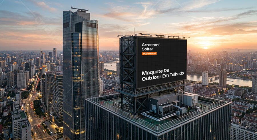 Mockup Outdoor Digital Telhado Prédio Cidade Editável