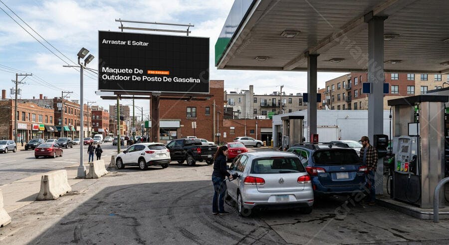 Mockup Outdoor Posto de Gasolina Rua Cidade Editável