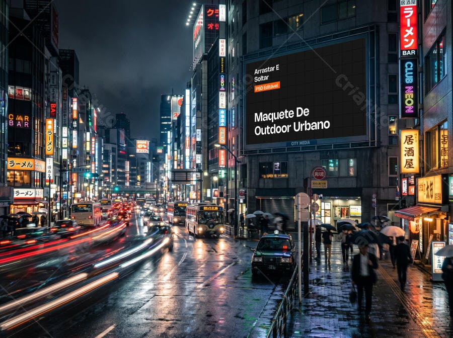 Mockup Outdoor Urbano Noturno Cidade Japonesa Editável