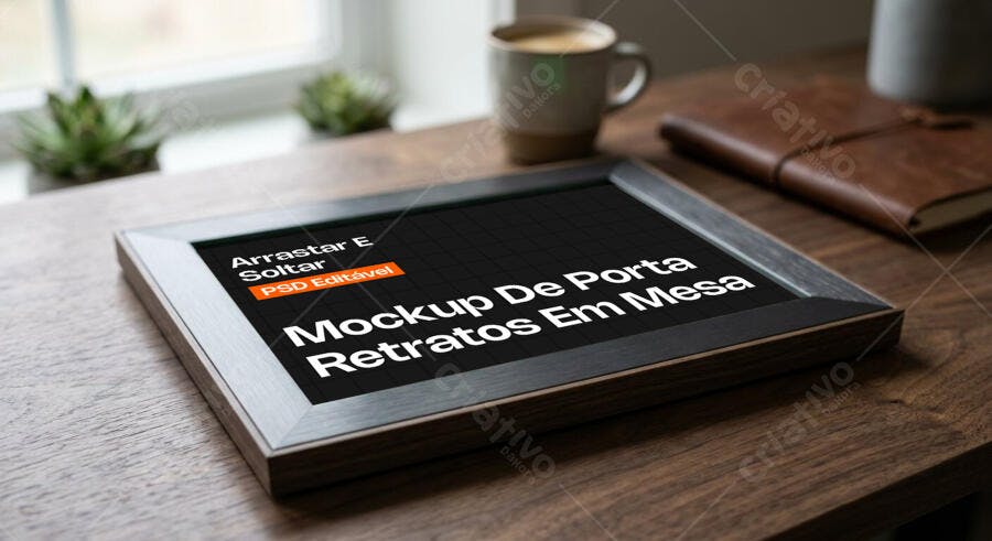 Mockup Porta Retratos Madeira Horizontal Mesa Editável