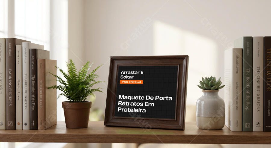 Mockup Porta Retratos Madeira Prateleira Editável