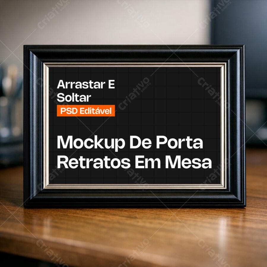Mockup Porta Retratos Preto Mesa Madeira Editável