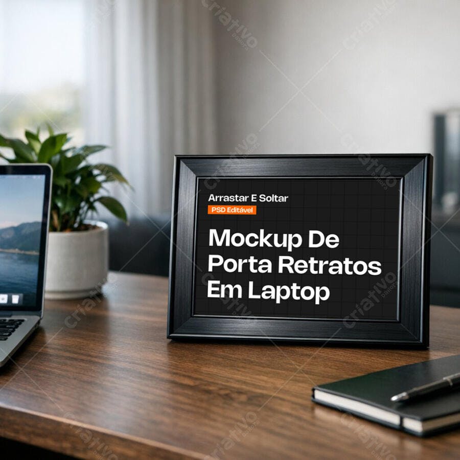 Mockup Porta Retratos Preto Mesa Madeira Editável