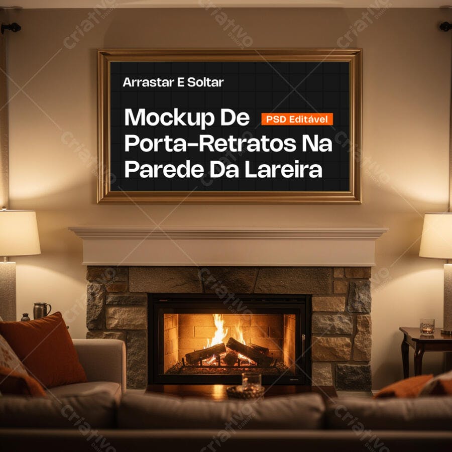 Mockup Porta-Retratos Quadro Lareira Sala Editável