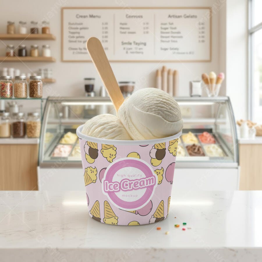 Mockup Pote Sorvete Papel Colher Gelateria Editável