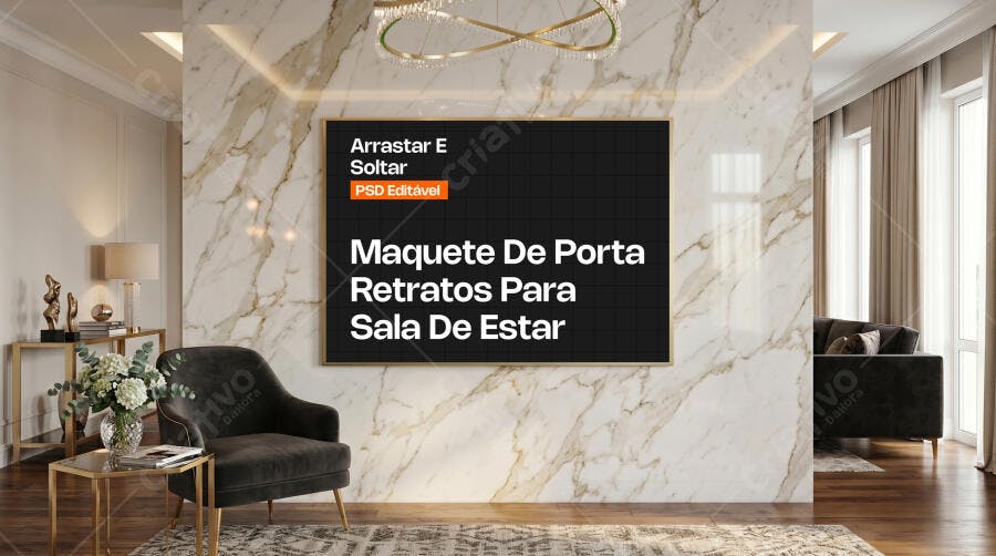 Mockup Quadro Retrato Sala Estar Parede Mármore Editável