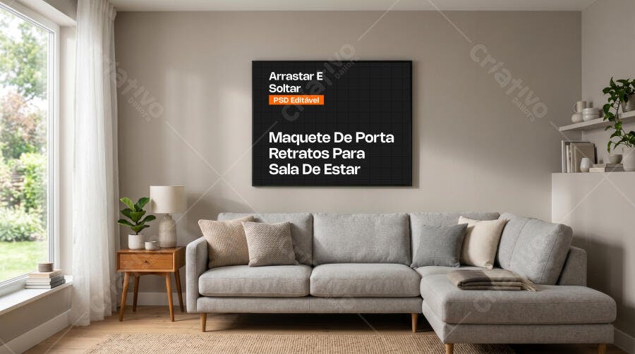 Mockup Quadro Retrato Sala Estar Sofá Editável