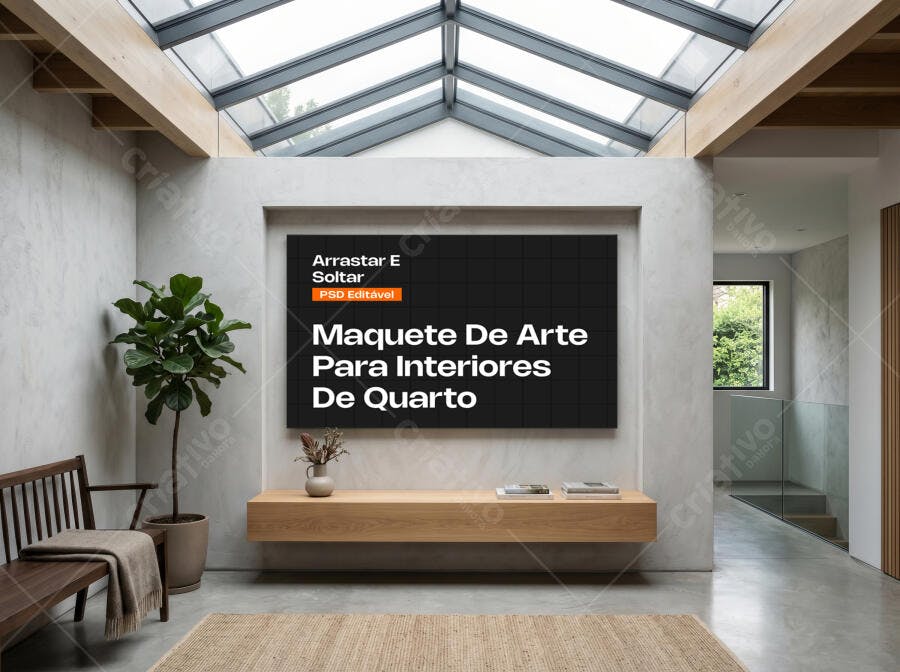 Mockup Quadro TV Sala Estar Moderna Parede Concreto Editável