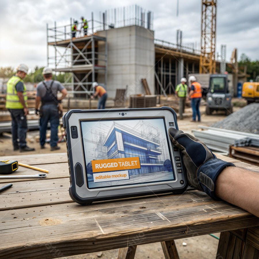 Mockup Tablet Robusto Mãos Segurando Canteiro de Obras Editável